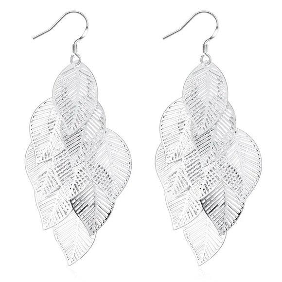 Gorgeous Hanging Leaf's .925 Sterling Silver 3 Inch Hypoallergenic Hook Earrings - Picture 6 of 7